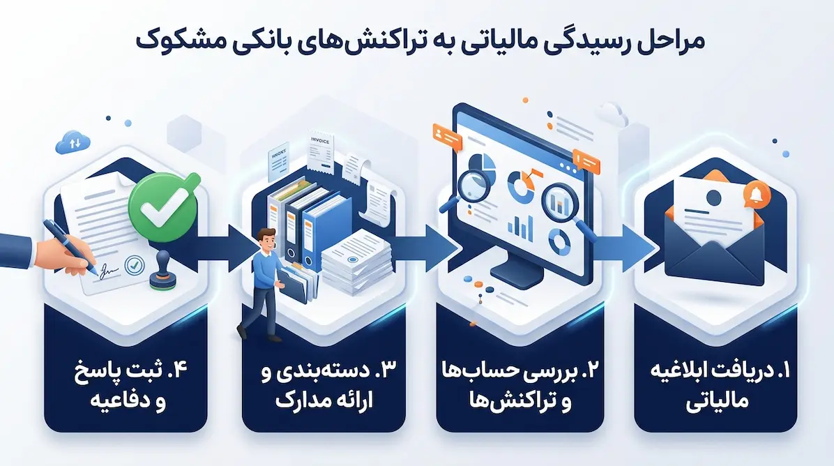مراحل رسیدگی مالیاتی به تراکنش‌های بانکی مشکوک از دریافت ابلاغیه تا ارائه دفاعیه